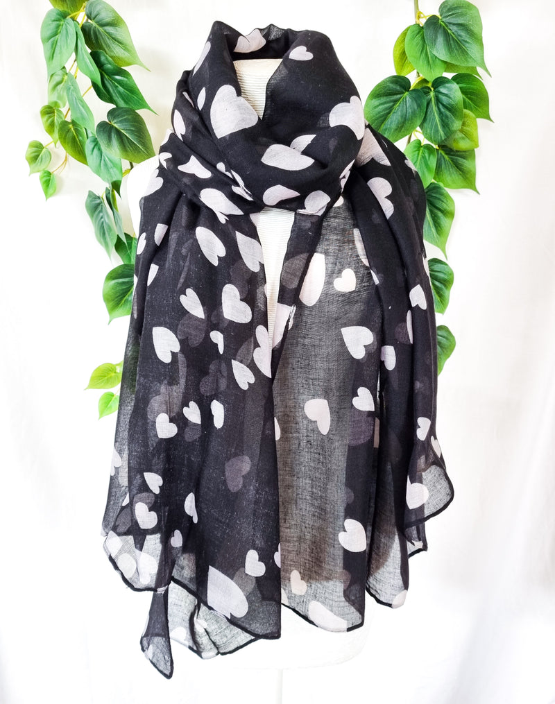 Viscose Scarf - Black White Hearts