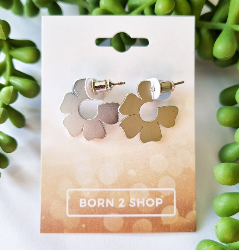 Paris Contemporary Chic Floral Hoop Earrings - Silver
