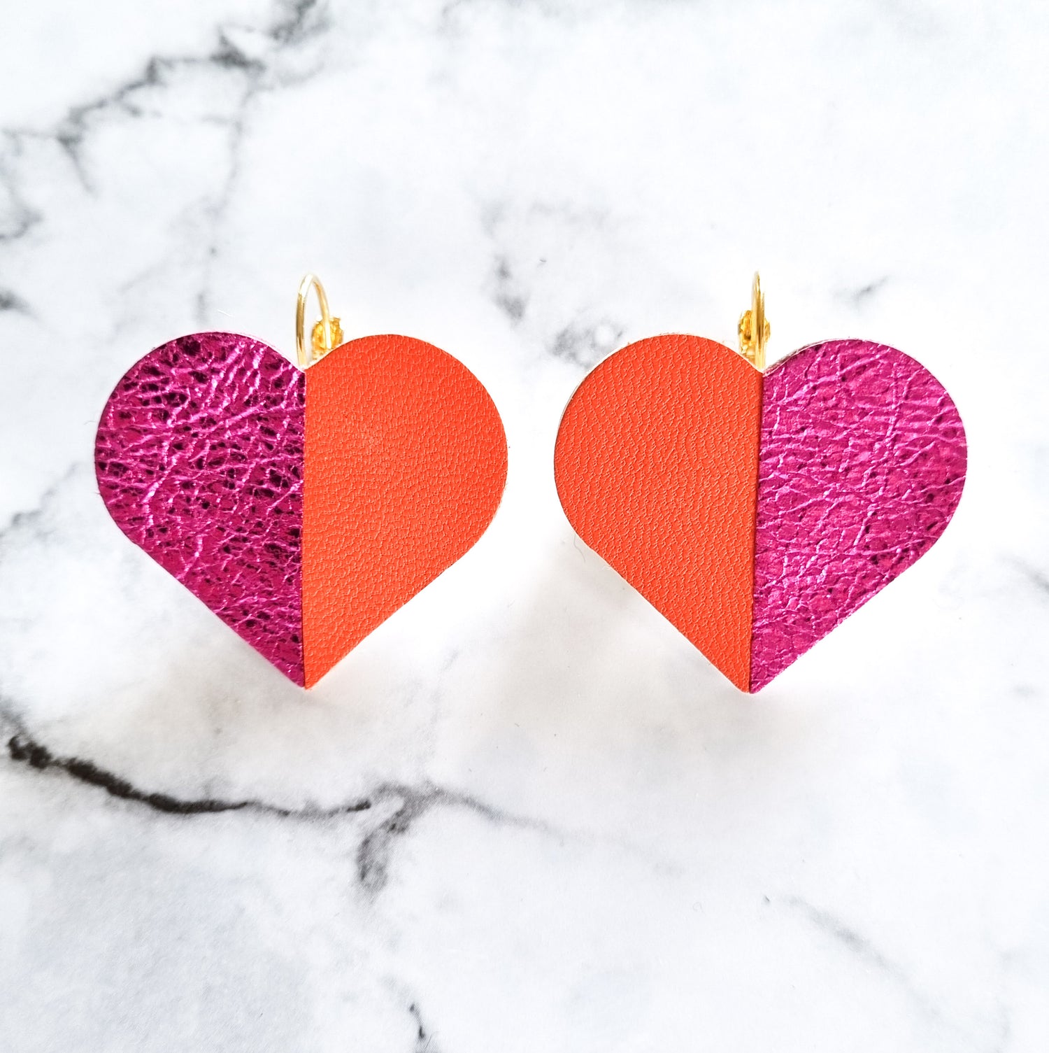Nouvelle Zealande Chic Earrings - Large Heart Hot Pink Orange