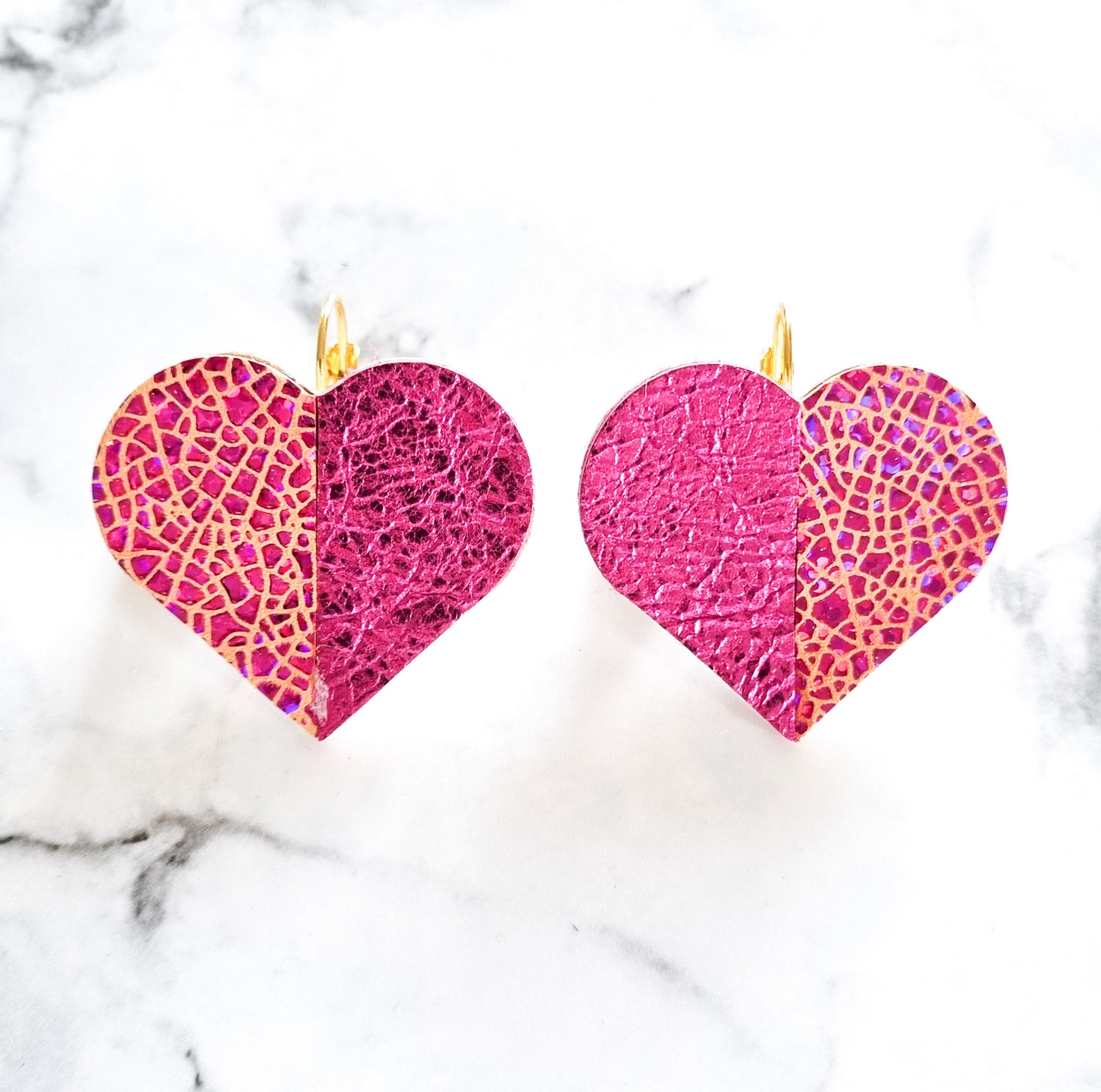 Nouvelle Zealande Chic Earrings - Large Heart Hot Pink Shimmer