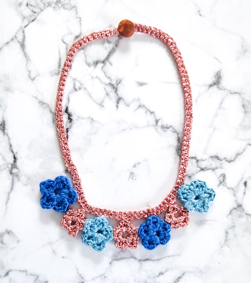 Haute Couture Handcrafted Collar Necklace - Blue + Salmon