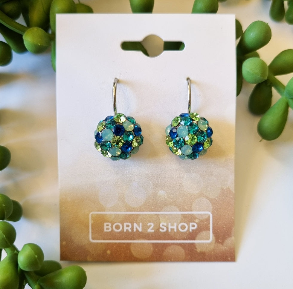 Milano Swarovski Cluster Drop Earrings - Green Blue Mix - Silver