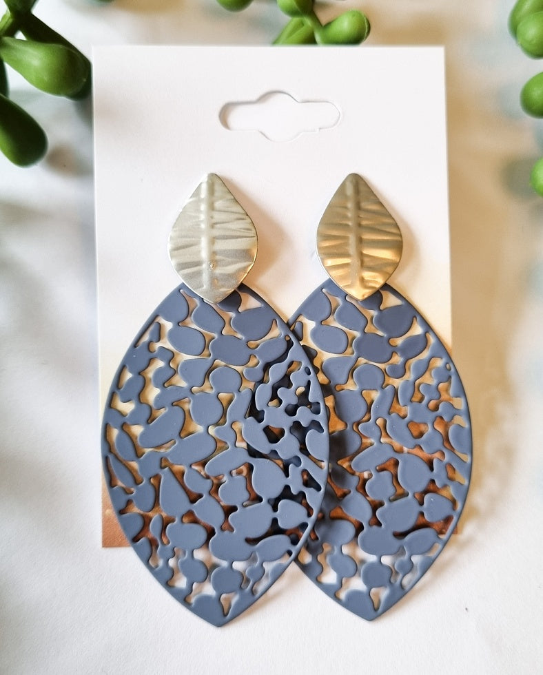 Paris Contemporary Chic Filigree Leaf Earrings - Denim - Silver