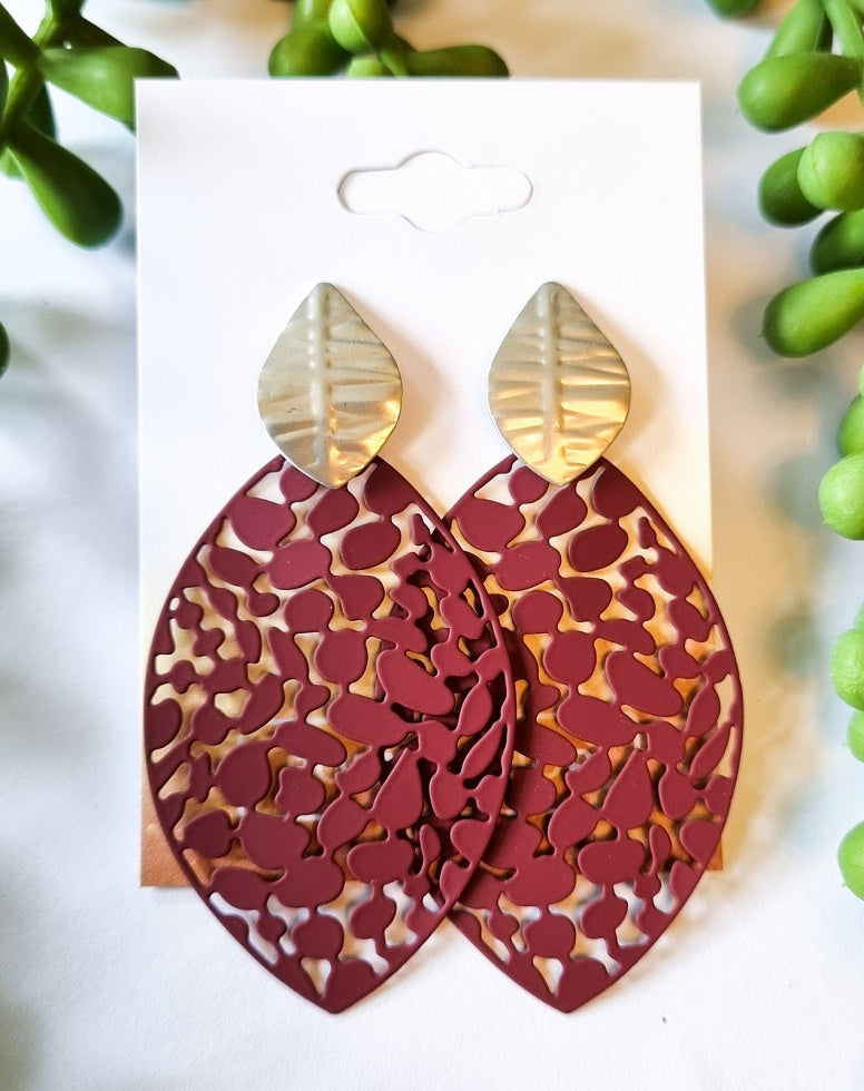 Paris Contemporary Chic Filigree Leaf Earrings - Merlot - Silver