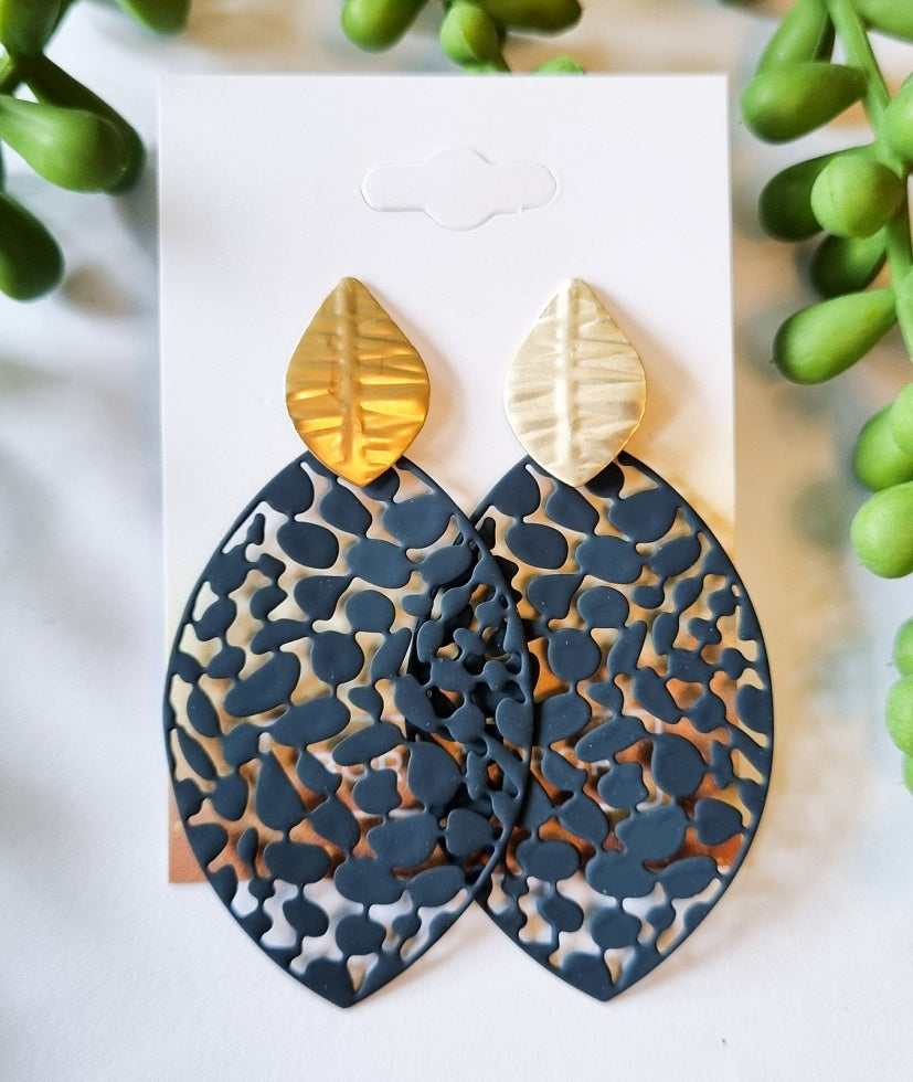 Paris Contemporary Chic Filigree Leaf Earrings - Navy - Gold
