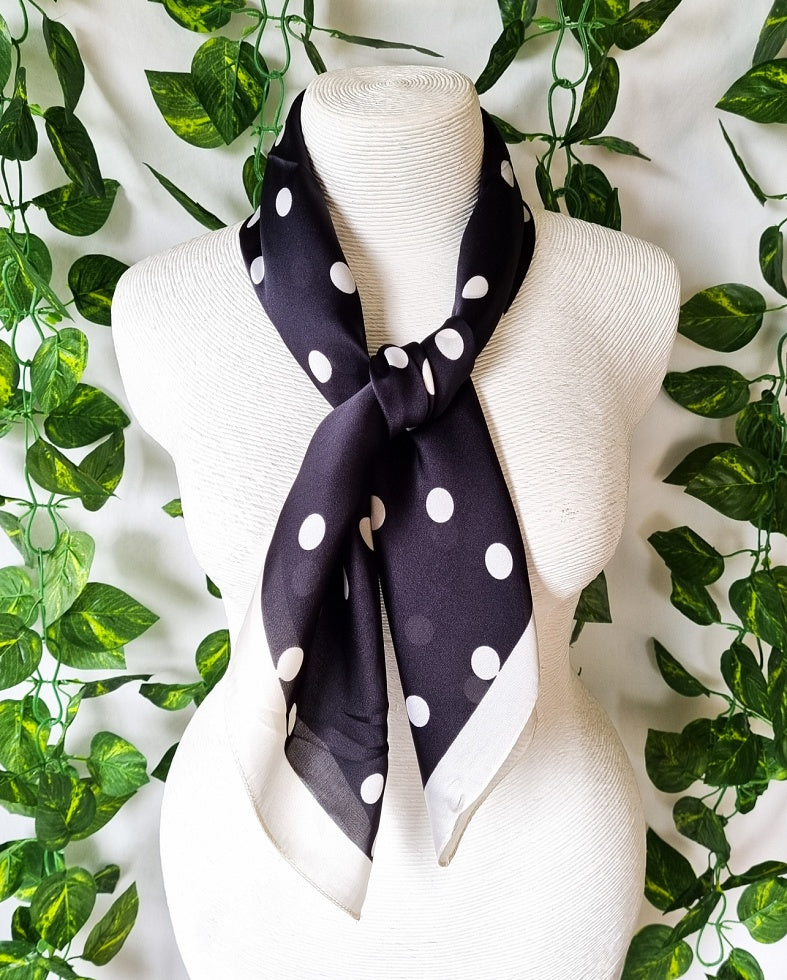 Silk Look Polyester Scarf - Black with Winter White Spot