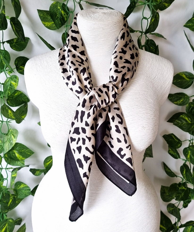 Silk Look Polyester Scarf - Black with Winter White Leopard