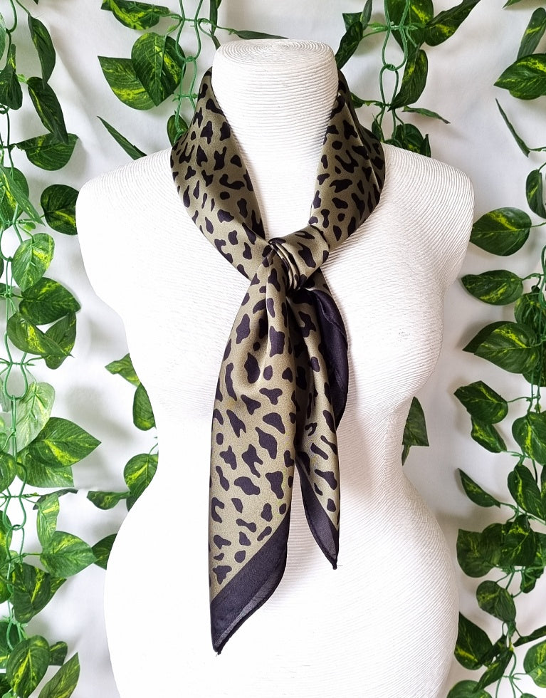 Silk Look Polyester Scarf - Olive with Black Leopard